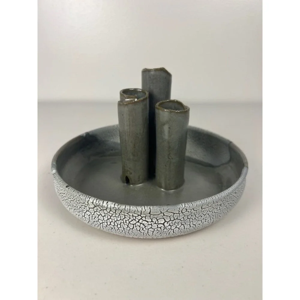 Studio Pottery Triple Tube Floral Frog Grey Crackle Glaze Signed 2002 Ikebana